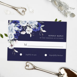 Elegant Dusty Blue Navy Floral Wedding RSVP Karte