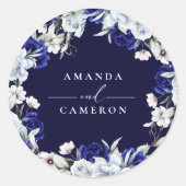 Elegant Dusty Blue Navy Floral Wedding Runder Aufkleber (Vorderseite)