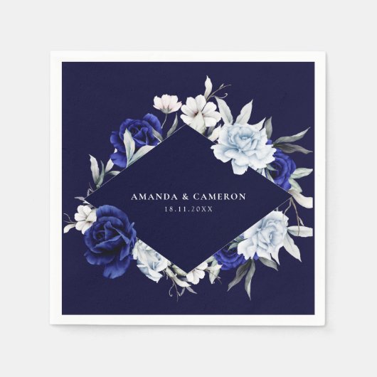 Elegant Dusty Blue Navy Floral Wedding Serviette (Vorderseite)