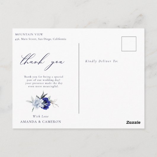 Elegant Dusty Blue Navy Floral Wedding Vielen Dank Postkarte (Rückseite)