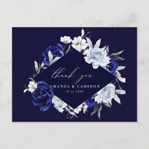 Elegant Dusty Blue Navy Floral Wedding Vielen Dank Postkarte