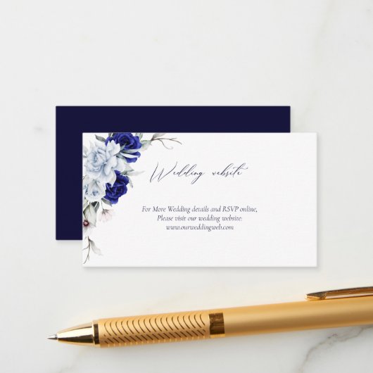 Elegant Dusty Blue Navy Floral Wedding Website Begleitkarte (Vorderseite/Rückseite Beispiel)