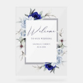 Elegant Dusty Blue Navy Floral Wedding Willkommen Acrylschild (Vorderseite)