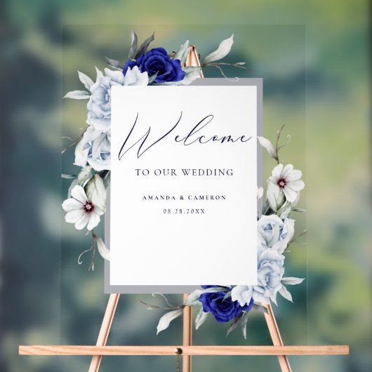 Elegant Dusty Blue Navy Floral Wedding Willkommen Acrylschild (Neutral)