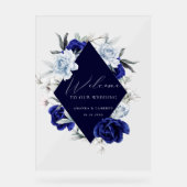 Elegant Dusty Blue Navy Floral Wedding Willkommen Acrylschild (Vorderseite)