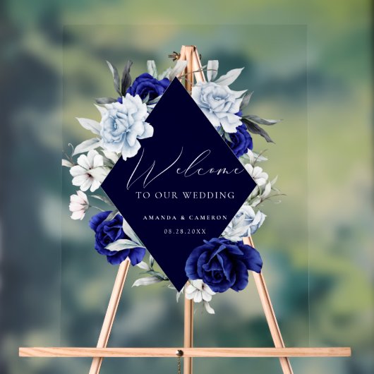 Elegant Dusty Blue Navy Floral Wedding Willkommen Acrylschild (Neutral)