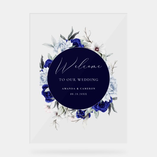Elegant Dusty Blue Navy Floral Wedding Willkommen Acrylschild (Vorderseite)