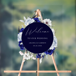 Elegant Dusty Blue Navy Floral Wedding Willkommen Acrylschild