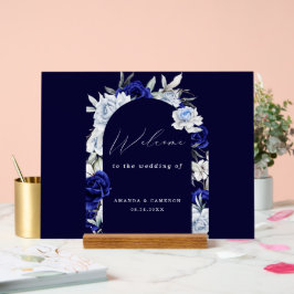 Elegant Dusty Blue Navy Floral Wedding Willkommen Acrylschild