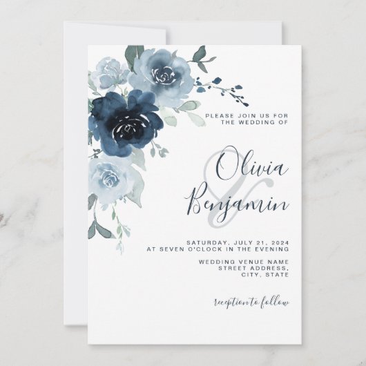 Elegant Dusty Blue Navy Pastel Boho Floral Wedding Einladung (Vorderseite)