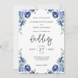 Elegant Dusty Blue Navy Rustic Floral Wedding Einladung