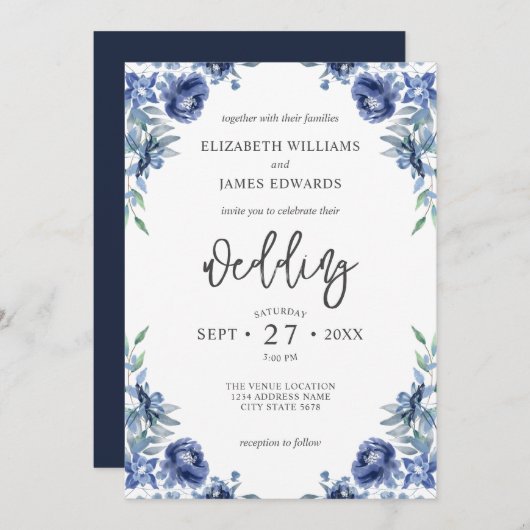 Elegant Dusty Blue Navy Rustic Floral Wedding Einladung (Vorne/Hinten)