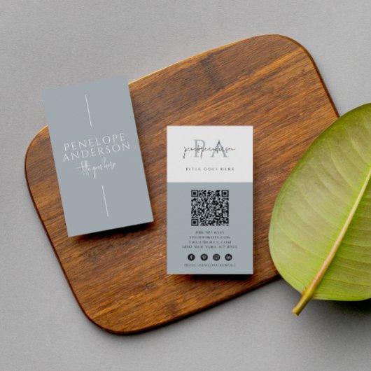 Elegant Dusty Blue Neutral QR Code Boho Modern Visitenkarte