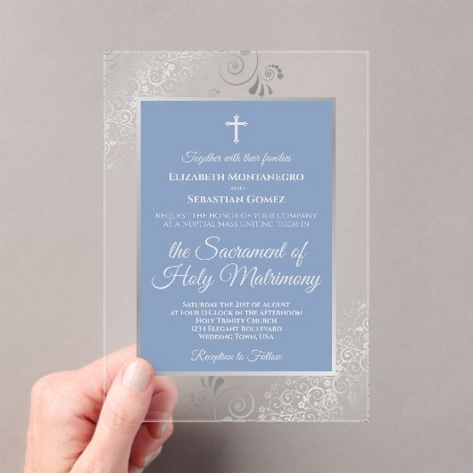 Elegant Dusty Blue Ornate Silver Catholic Wedding Acryleinladungen (Insitu (Handheld))