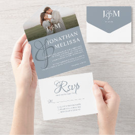 Elegant Dusty Blue Overlay Foto Monogram Wedding All In One Einladung
