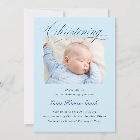 Elegant Dusty Blue Pastel Script Taufe Foto Boy Einladung (Vorderseite)