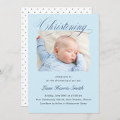 Elegant Dusty Blue Pastel Script Taufe Foto Boy Einladung (Vorne/Hinten)