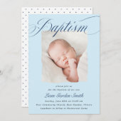 Elegant Dusty Blue Pastel Script Taufe Foto Inv Einladung (Vorne/Hinten)