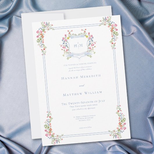 Elegant Dusty Blue Pastel Wildblume Wappen Wedding Einladung