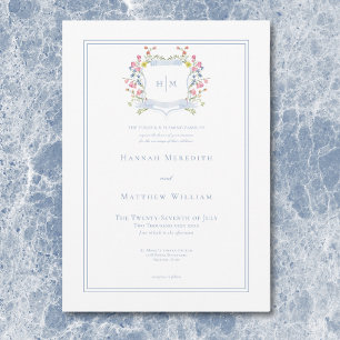 Elegant Dusty Blue Pastel Wildblume Wappen Wedding Einladung