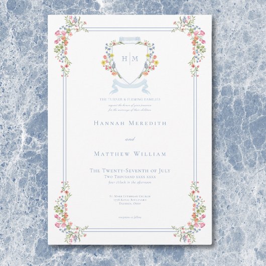 Elegant Dusty Blue Pastel Wildblume Wappen Wedding Einladung