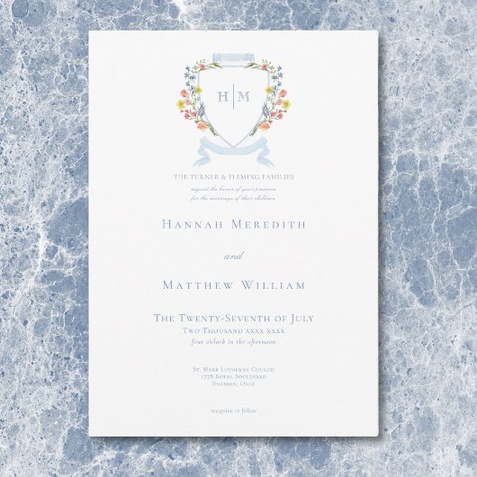 Elegant Dusty Blue Pastel Wildblume Wappen Wedding Einladung