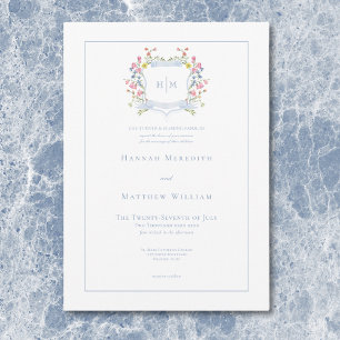 Elegant Dusty Blue Pastel Wildblume Wappen Wedding Einladung