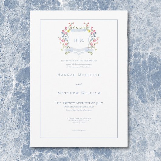 Elegant Dusty Blue Pastel Wildblume Wappen Wedding Einladung