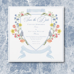 Elegant Dusty Blue Pastel Wildblume Wappen Wedding Save The Date