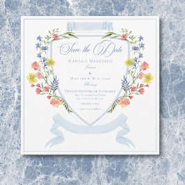 Elegant Dusty Blue Pastel Wildblume Wappen Wedding Save The Date