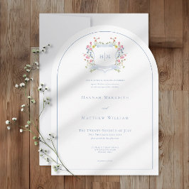 Elegant Dusty Blue Pastel Wildflower Crest Wedding Einladung