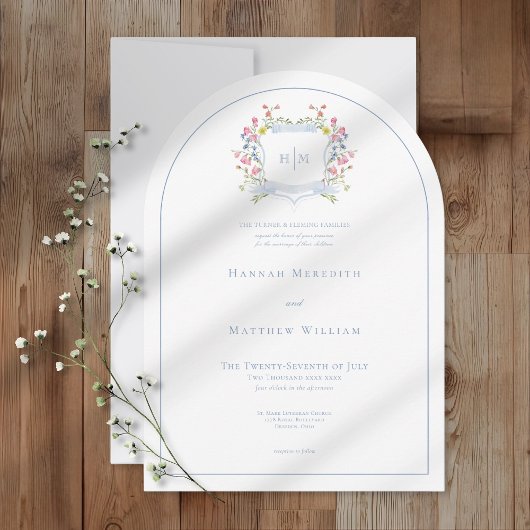 Elegant Dusty Blue Pastel Wildflower Crest Wedding Einladung