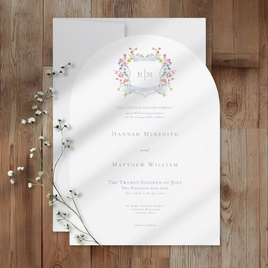 Elegant Dusty Blue Pastel Wildflower Crest Wedding Einladung
