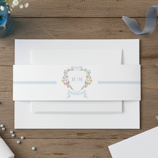 Elegant Dusty Blue Pastel Wildflower Crest Wedding Einladungsbanderole