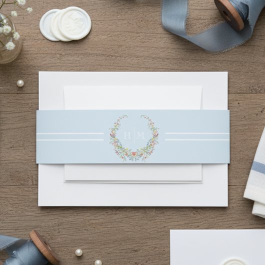 Elegant Dusty Blue Pastel Wildflower Crest Wedding Einladungsbanderole