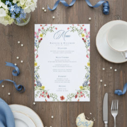 Elegant Dusty Blue Pastel Wildflower Crest Wedding Menükarte