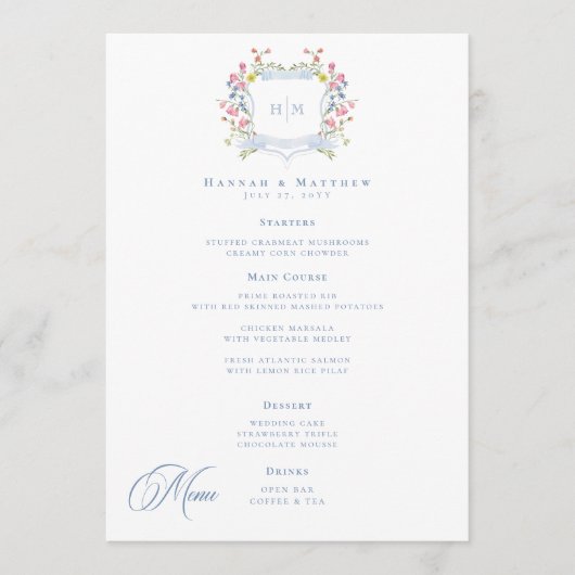Elegant Dusty Blue Pastel Wildflower Crest Wedding Menükarte (Vorderseite)
