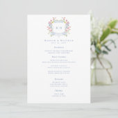 Elegant Dusty Blue Pastel Wildflower Crest Wedding Menükarte (Stehend Vorderseite)