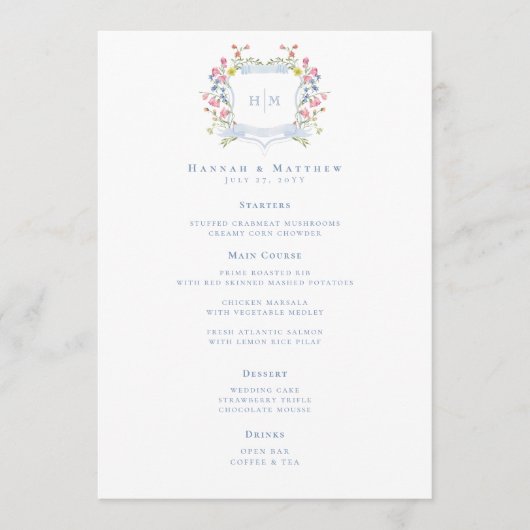 Elegant Dusty Blue Pastel Wildflower Crest Wedding Menükarte (Vorderseite)