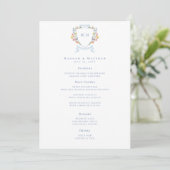 Elegant Dusty Blue Pastel Wildflower Crest Wedding Menükarte (Stehend Vorderseite)