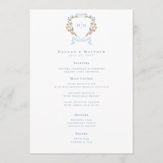 Elegant Dusty Blue Pastel Wildflower Crest Wedding Menükarte (Vorderseite)