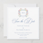 Elegant Dusty Blue Pastel Wildflower Crest Wedding Save The Date (Vorderseite)