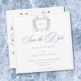 Elegant Dusty Blue Pastel Wildflower Crest Wedding Save The Date