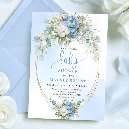 Elegant Dusty Blue Peonies Baby Shower Gold Invite Einladung