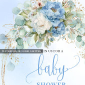 Elegant Dusty Blue Peonies Baby Shower Gold Invite Einladung