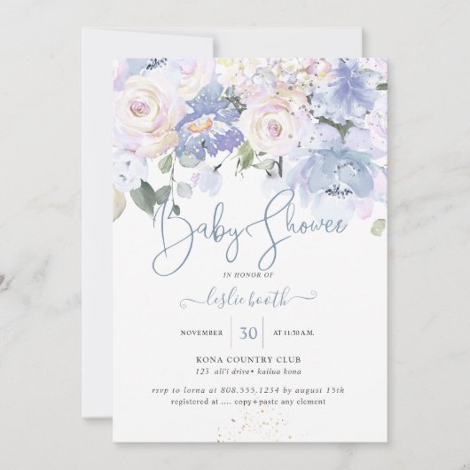 Elegant Dusty Blue Peonies Cream Rose Babydusche Einladung (Vorderseite)