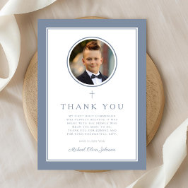 Elegant Dusty Blue Photo Boy First Communion Dankeskarte