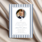 Elegant Dusty Blue Photo Boy First Communion Einladung