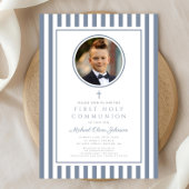 Elegant Dusty Blue Photo Boy First Communion Einladung