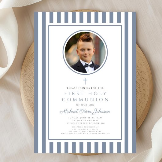 Elegant Dusty Blue Photo Boy First Communion Einladung